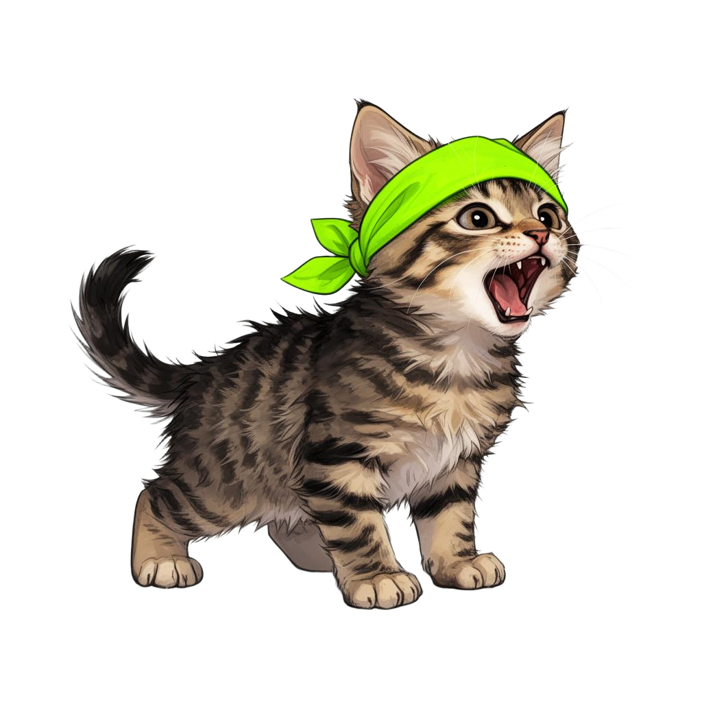 Green Kitten Crew mascot โ scrappy tabby in a green bandana
